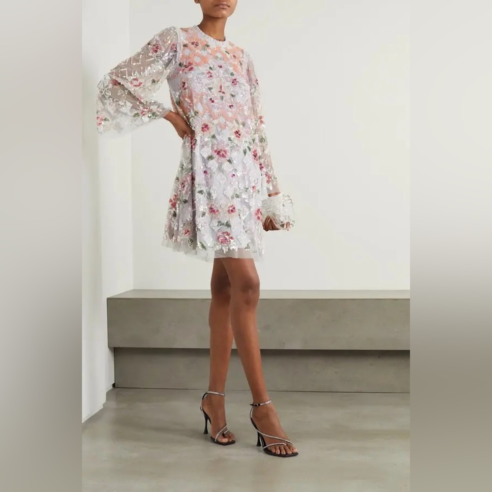 NEEDLE & THREAD Harlequin Rose Sequin-Embellished Tulle Mini Dress | Size 8